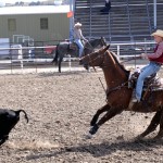 Jessie Sturman, freshman of Lusk, Wyo., stops her horse to take the slack out of her rope. She missed her calf, however, and was disqualified from the event in Friday’s slack. — Photo by Savanna N. Wick