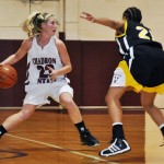 Eagle’s Marla Munsen (23), sophomore guard of Hershey, looks to pass the ball while UCCS Danielle Brown (21), junior guard of Denver, blocks her at the Women’s basketball game Saturday at the CSC Armstrong Gymnasium. — Photo by Vera Ulitina