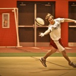 Ben Fererro, 21, junior of Bayard, attempts to catch the ball during the rugby clinic Thursday in Nelson Physical Activity Center. — Photo by Kinley Q. Nichols