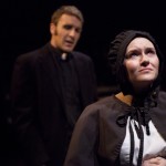 Sister James, played by Amber Nightingale, 21, senior of Morrill, looks up as Father Flynn, played by Mason Quinn, , senior of Cheyenne, Wyo., defends himself against the accusations made about his actions in the play “Doubt” in Memorial Hall’s Black Box on Monday. — Kinley Q. Nichols