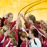 The CSC Vollebwall team joins in a huddle after its game against Colorado School of Mines, Sept. 29 in Armstrong. — Photo by Ashley Swanson
