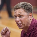 Brent Bargen, head men’s basketball coach, encourages the team during a time out at the November 30, 2012 game against Colorado Mesa State University- Photo by Ashley Swanson.